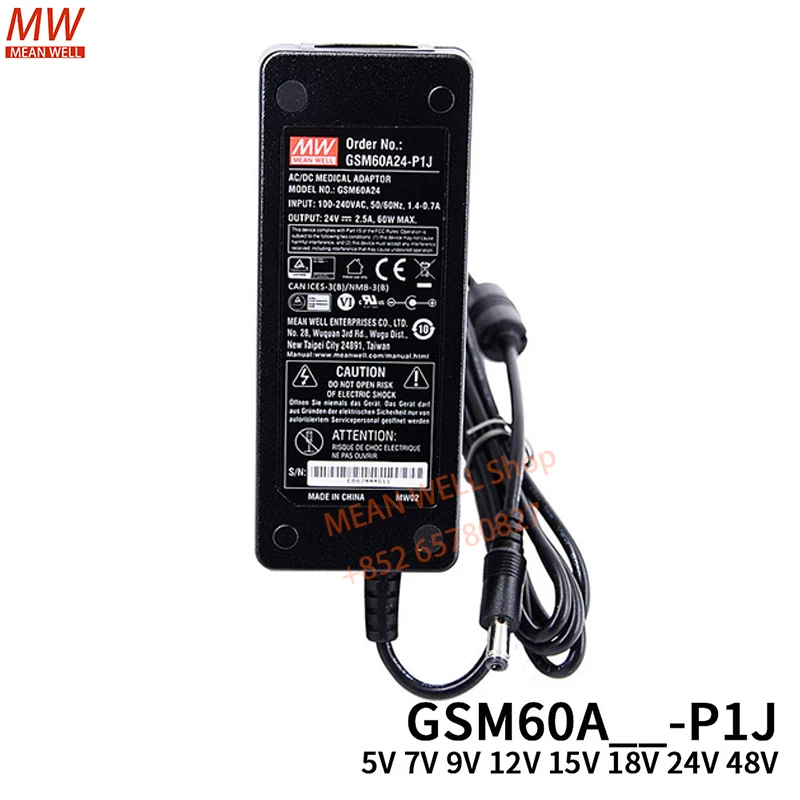 MEAN WELL Power Supply Original 60W AC-DC Reliable Green Medical Adaptor GSM60B12-P1J GSM60B24-P1J GSM60B05 07 09 15 18 48-P1J