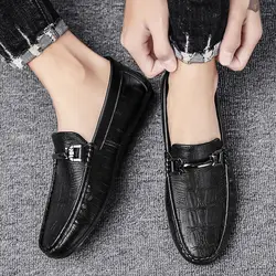Men's Leather Shoes Round Toe Flat Black Male Casual Shoe Legitimate Designer in Promotion New Footwear Offer Social 2025 Trend