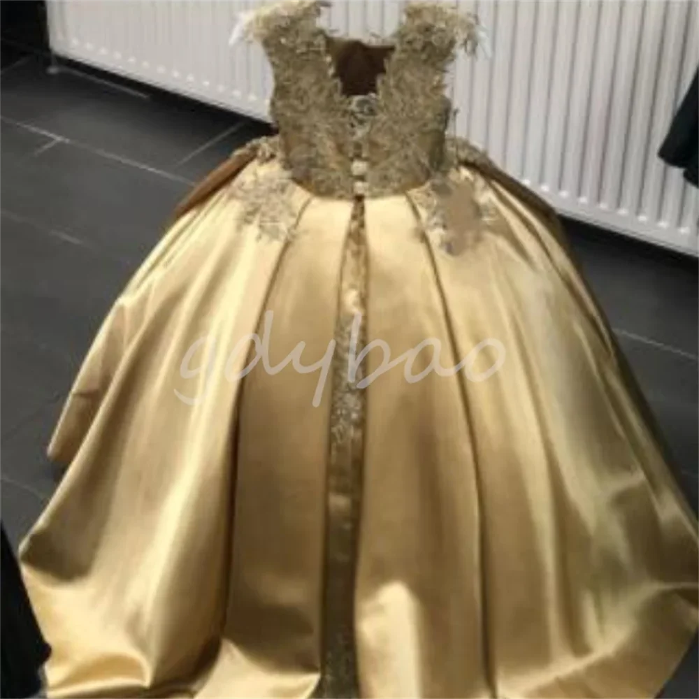 Vestidos de flores para niña, Vestido largo de encaje con cuentas, apliques de primera comunión, cuello redondo, corsé en la espalda, Vestidos de baile de satén, Vestidos hechos a medida