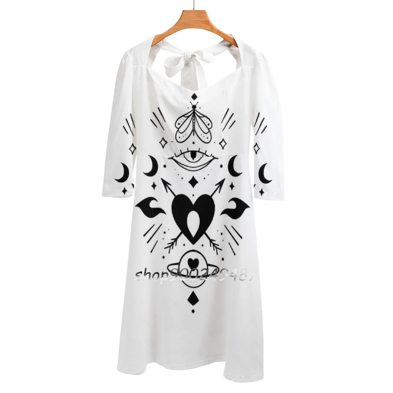 Cosmic Love Square Neck Dress Cute Loose Print Dresses Elegant Beach Party Dress Love Planet Cosmic Eye Tattoo Black Power Sign