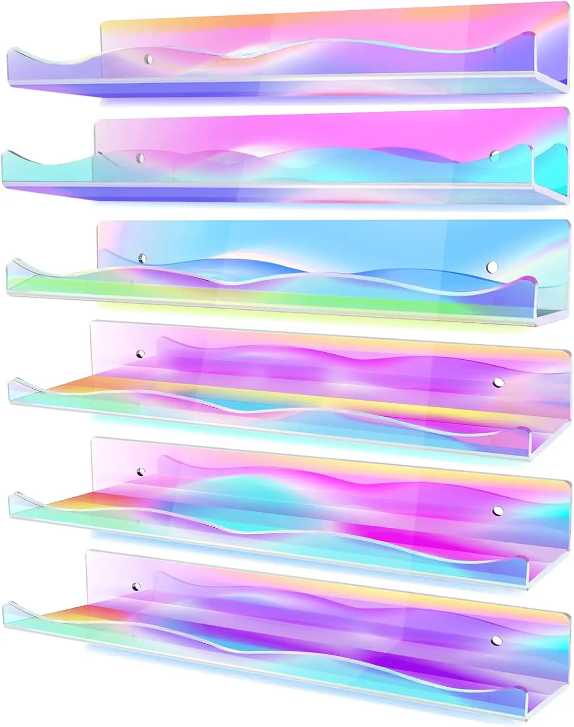 

6 Pack Iridescent Clear Acrylic Floating Shelves, 15.7 Inch Large Display Ledge for Funko Pop, Books, Decor