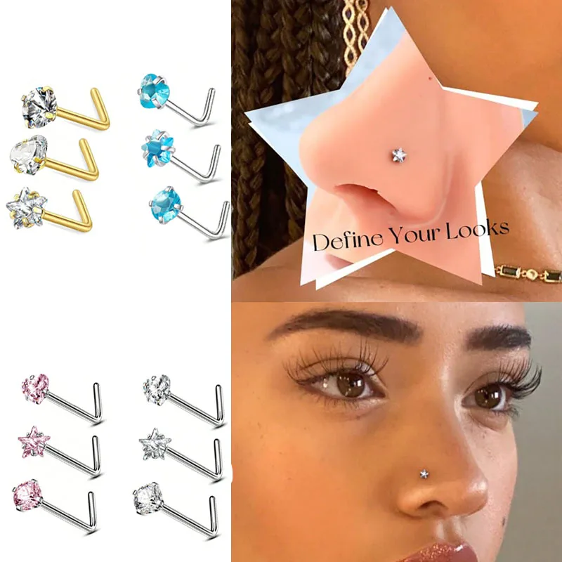 1/3PCS Nose Ring Studs, 20G L-Shaped Nose Ring, Round/Star/Heart Sparkling CZ Nose Nail Jewelry, Suitable for Men and Women