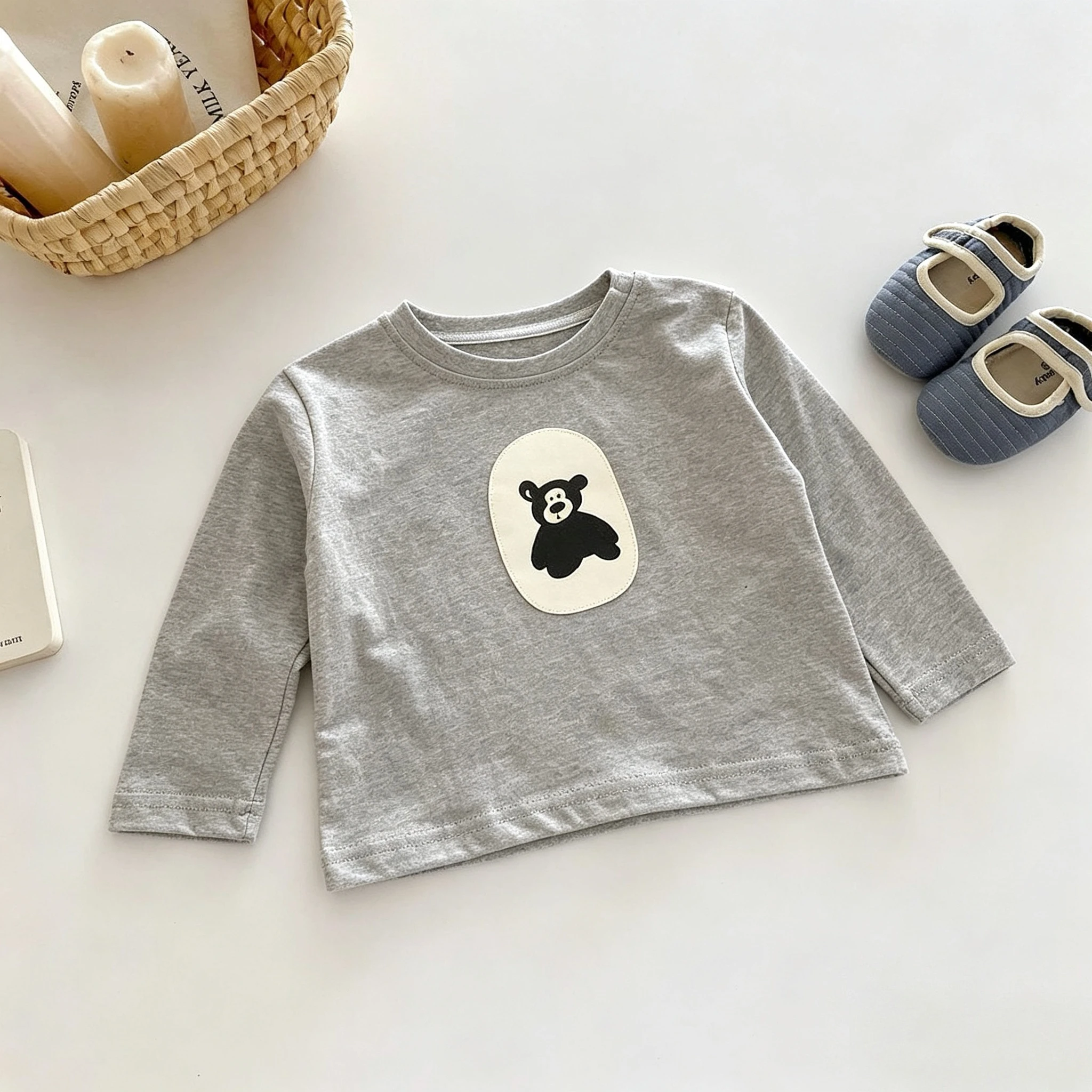 Solid Color Printed Cartoon Kids Long Sleeved T-shirt Simple Comfort Baby Girl Boy Crewneck Pullover Bottoming Shirt Tops 1-7y