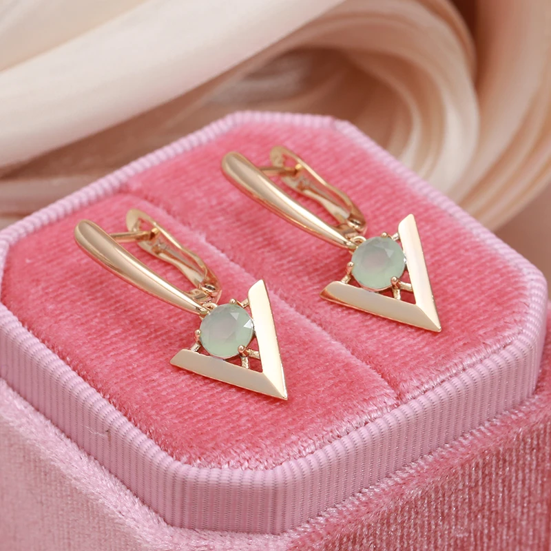 SYOUJYO 585 Rose Gold Color Triangle Drop Earring Emerald Green Natural Zircon Fine Jewelry Elegant Luxury Long English Earrings