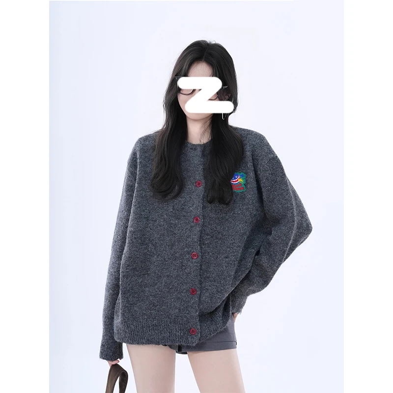 Cardigan en tricot gris pour femme, tenue Vintage américaine, coupe ample, manches longues, vêtements d'extérieur, décontracté, élégant, Kpop, Streetwear, Y2k, automne 2025