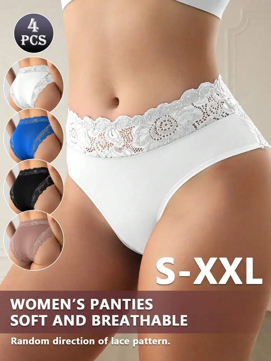 

4-Pack High-Waisted Lace Panties Women Soft Breathable Seamless Briefs