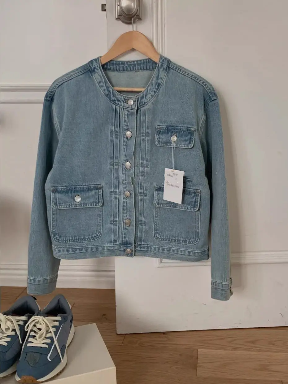 

Женский свободный утягивающий топ из потертого денима в стиле ретро с одной пуговицей, универсальный теплый топ из смеси хлопка для поездок на работу