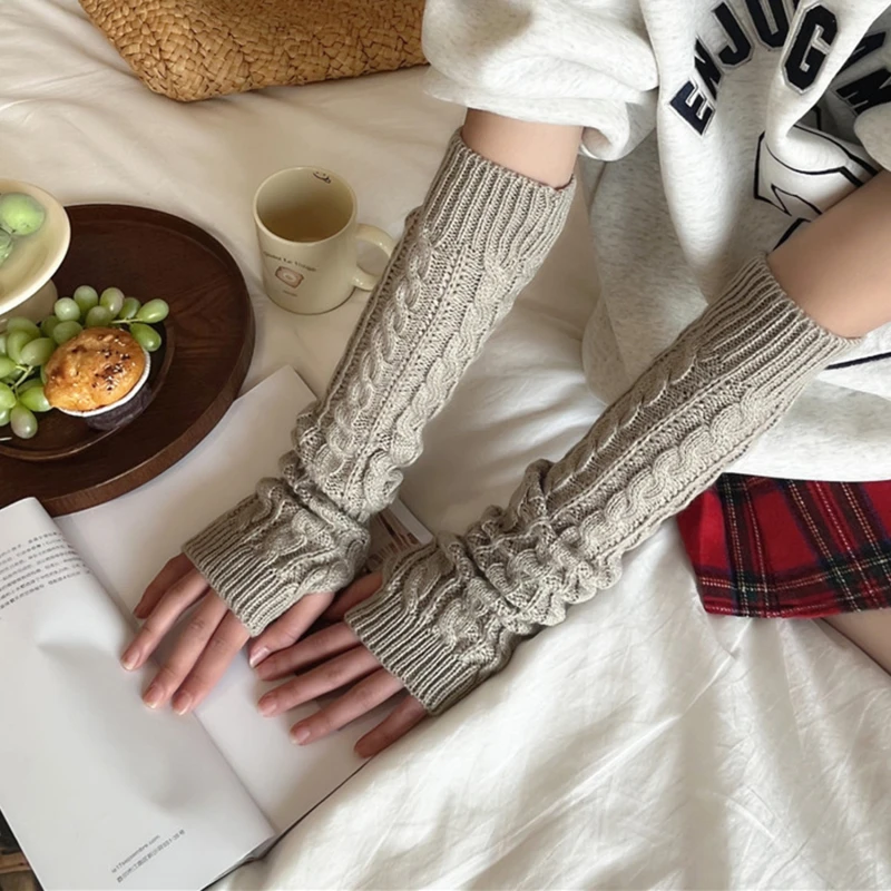 Women's Long Fingerless Gloves Winter Punk Warm Oversleeves Knitted Half Finger Twist Arm Sleeve Mitten Keep Warm Arm Warmer