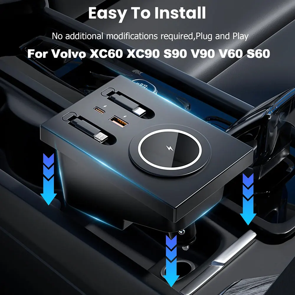 

Быстрозарядный USB-хаб для Volvo XC60 XC90 S60 S90 V60 V90 (не для моделей 2026 года), автомобильная док-станция, беспроводная зарядная подставка