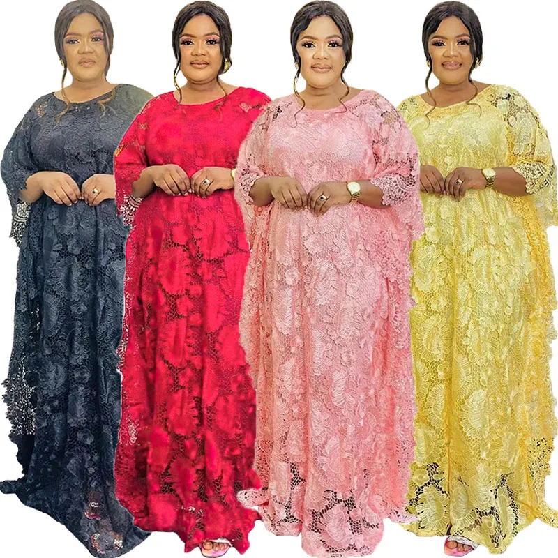 African Dresses for 2025 New Women Muslim Abaya Lace Hollow Out Clothing Africa Boubou Plus Size Dress Dubai Kaftan Morocco Robe