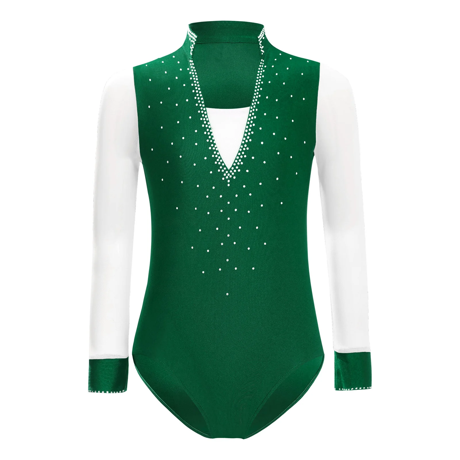 

Kids Boys Latin Dance Leotard Sheer Mesh Rhinestones Long Sleeve Bodysuit for Figure Skating Performance Competition Dancewear