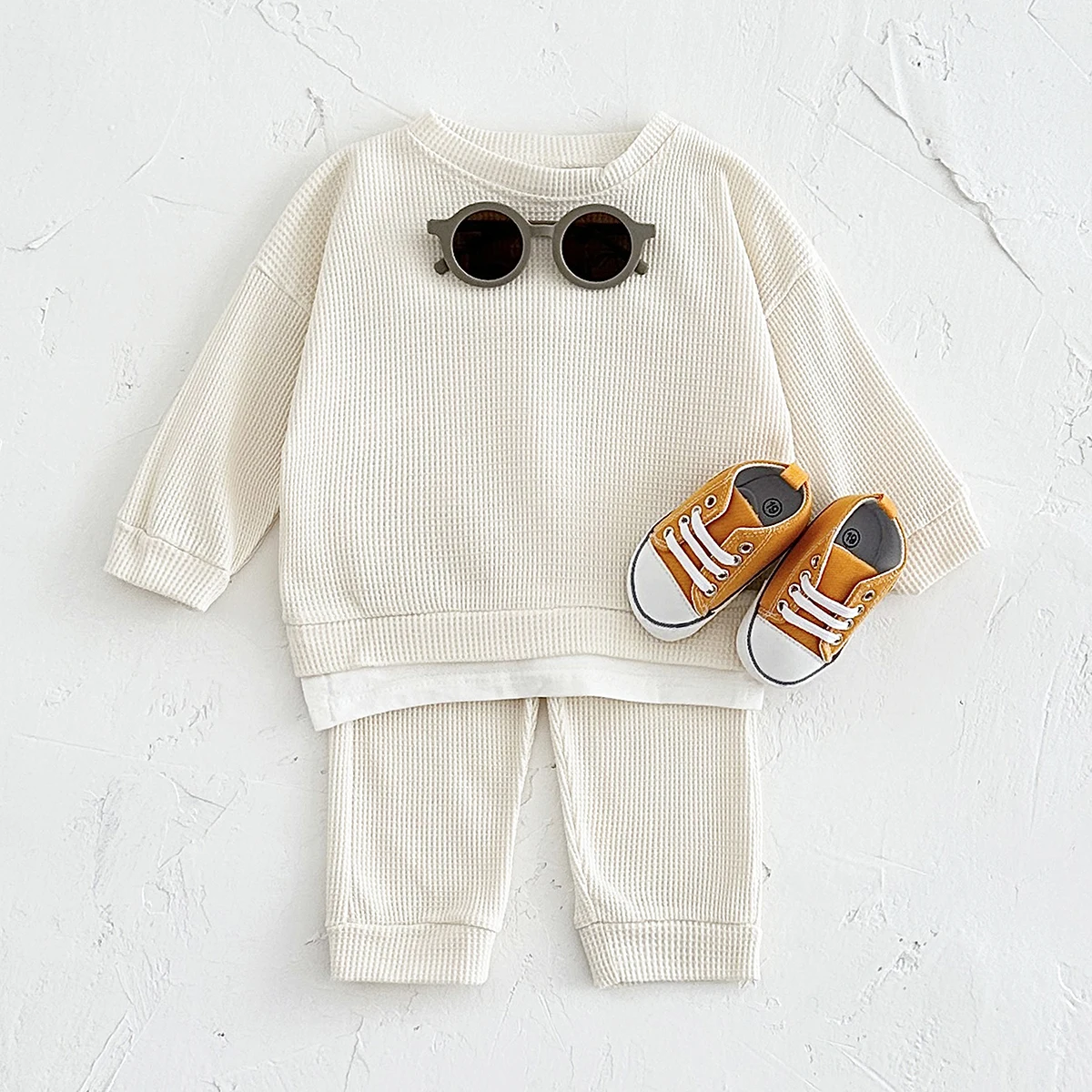 Autumn New Baby Clothes Sets Korea Waffle Cotton Children Clothing Loose Tracksuit Pullovers Top s+Pants 2PCS Infant Baby 0-3Y