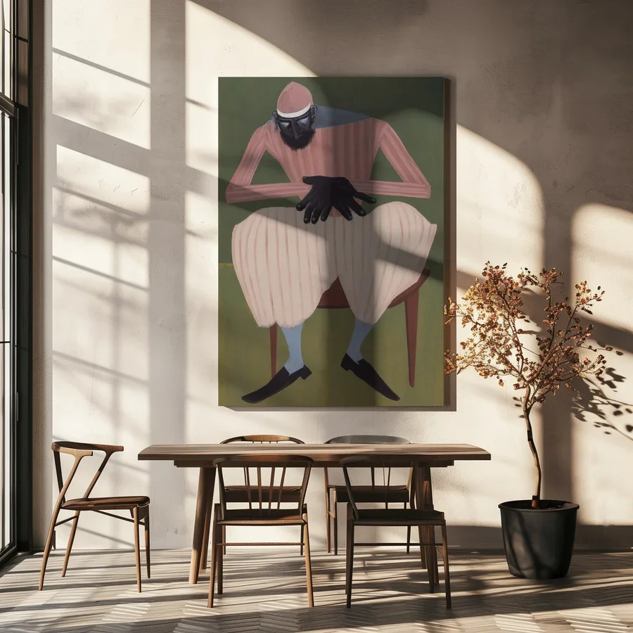 Abstract Figure Wall Art Print, Pink Man Decor Painting, Seated Portrait Poster, Modern Cubist Art for Living Room Bedroom