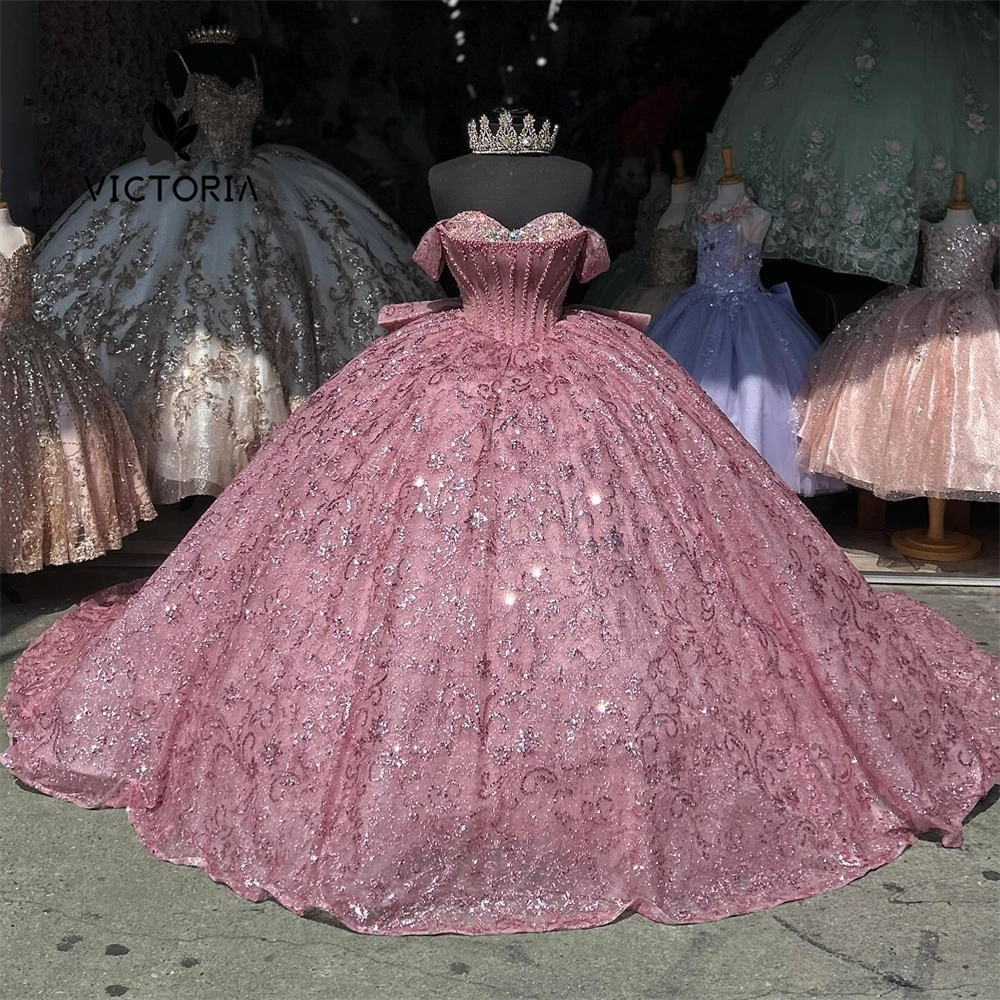 Blush Pink Shinny Bow 15 Dress Quinceanera 2024 Beaded Off The Shoulder Ball Gown Quince Dress Formal Occasion Gowns Customized