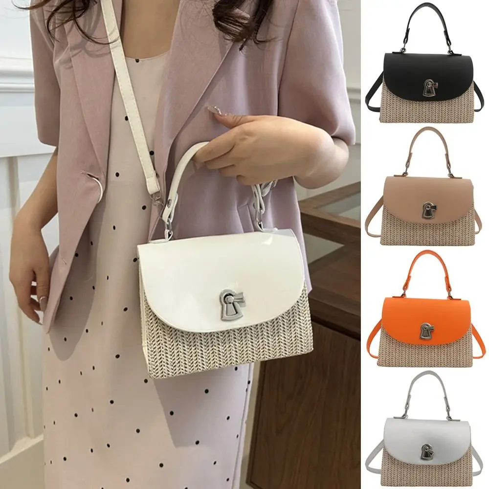 

Fashion Grass Woven Shoulder Messenger Bag PU Leather Handmade Braid Straw Bag Large Capacity Bohemian Handbags for Vacation