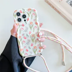 Crossbody Lanyard Chain Flower Phone Case For iPhone 15 14 13 12 11 Pro Max XR X XS Max 7 8 Plus SE 2020 Soft Silicon Back Cover