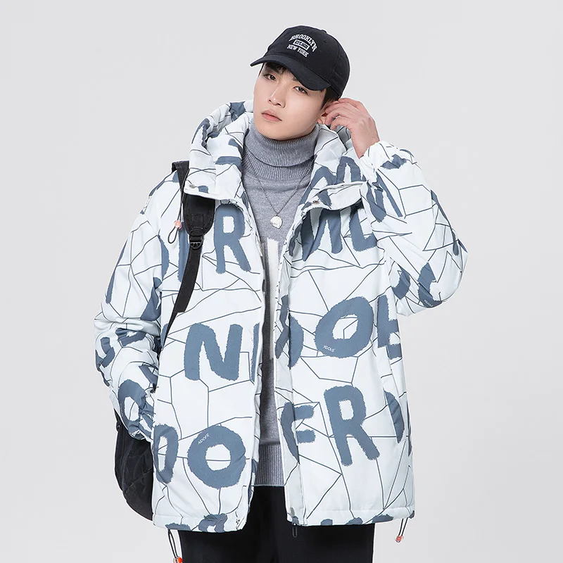 Men's Winter Versatile Cotton Jacket Letter Printed Hooded Stand Up Collar Loose Casual Comfortable Windproof Warm Solid Jackets