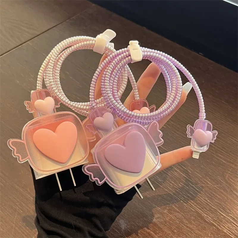 귀여운 3D 러브 하트 윙 충전기 커버, 아이폰 11, 12, 14, 15, 18, 20W 충전, Correa 보호 커버, 충전기 슬리브