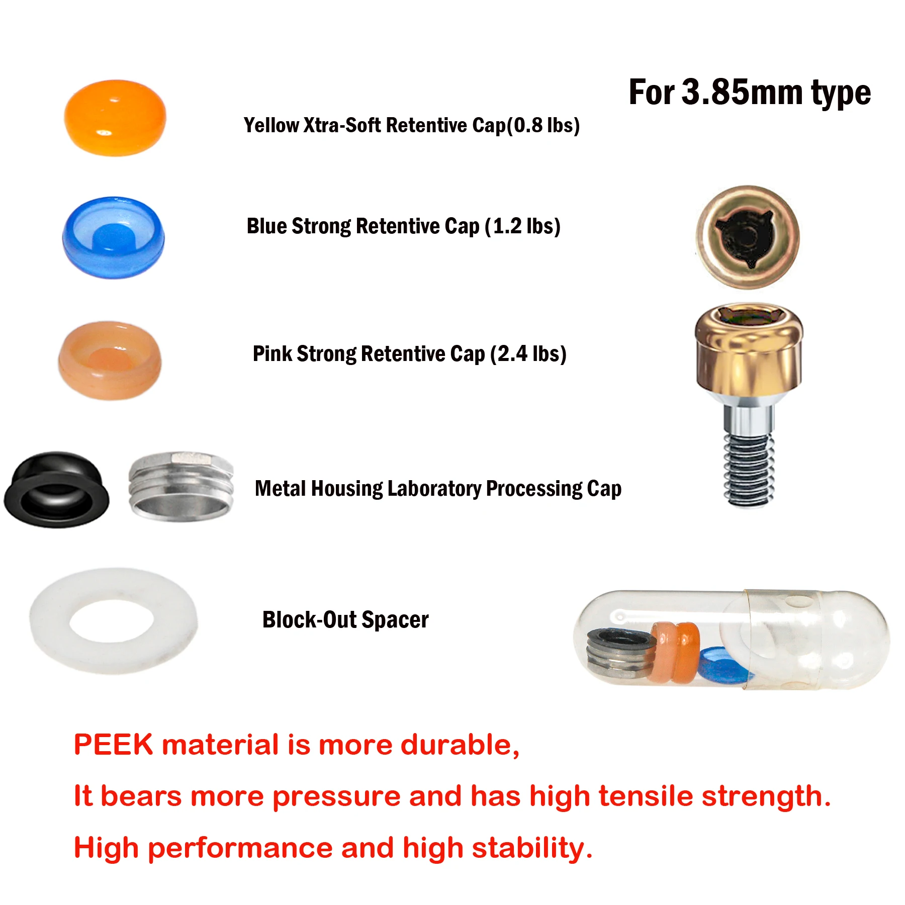 

Dental Strong Retentive Caps Overdenture Metal Housing Attachment Abutment 0.8 lbs 1.2 lbs 2.4 lbs