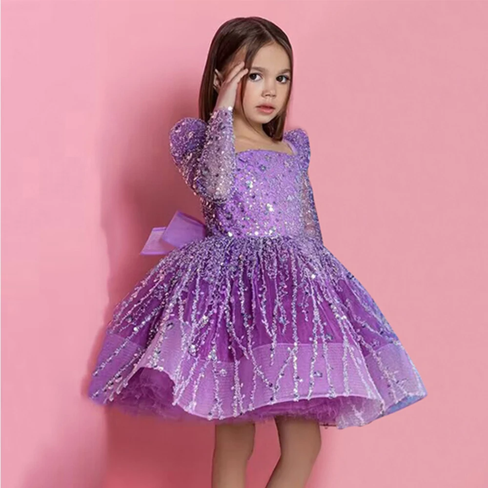 Customized A Line Sequined Pageant Gowns for Christmas Tutu Girls Flower Girl Dresses Full Sleeve Squarter فساتين اطفال لل