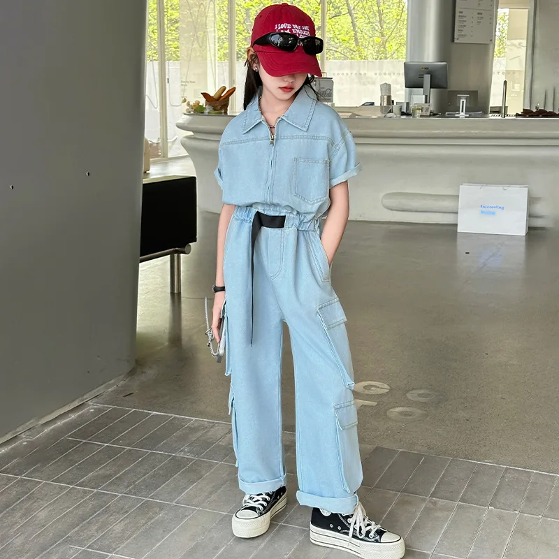 Girls' short sleeved workwear jumpsuit, summer Korean trendy brand cool and stylish light colored denim pants