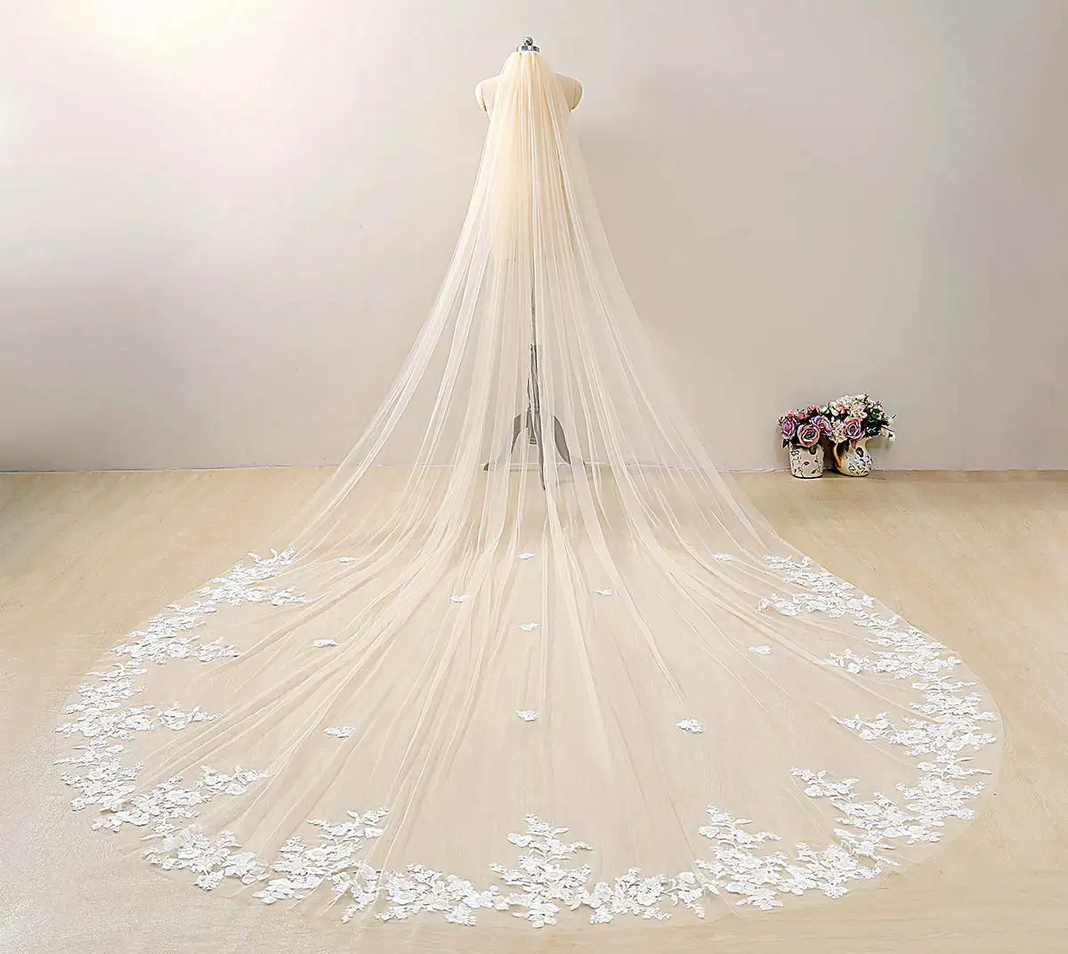 

Gorgeous 3M Wedding Veils With Lace Applique Edge Long Cathedral Length Veils One Layer Tulle Custom Made Bridal Veil