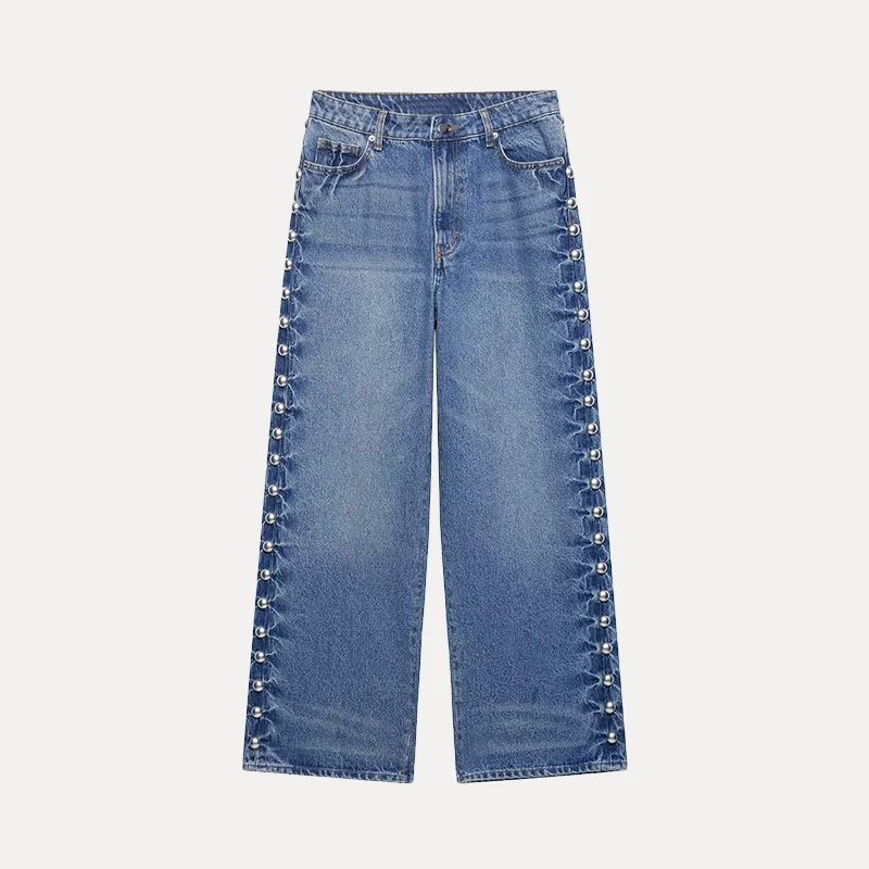 

2025 Summer New Women's Faion Straight Leg Metal Rivet Decorated Jeans Casual Classic Blue Denim Pants for Adults