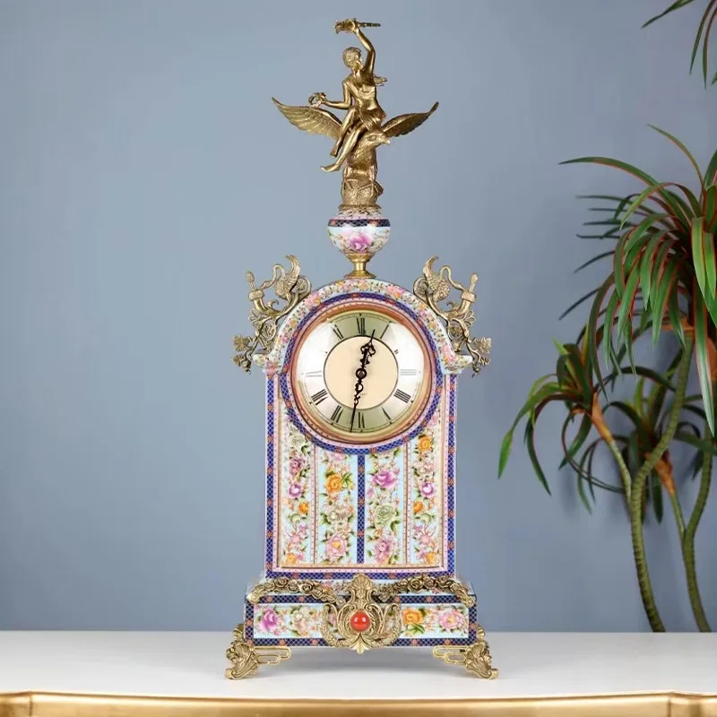 French romantic living room fireplace decoration clock with hand-painted floral clock