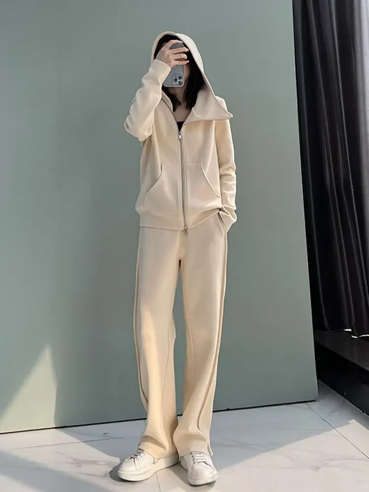 Insozkdg Spring Autumn Sports Suit Age-Reducing Hooded Solid Color Sweatshirt Two-Piece Set Apricot Dark Gray Pants 2-piece Set