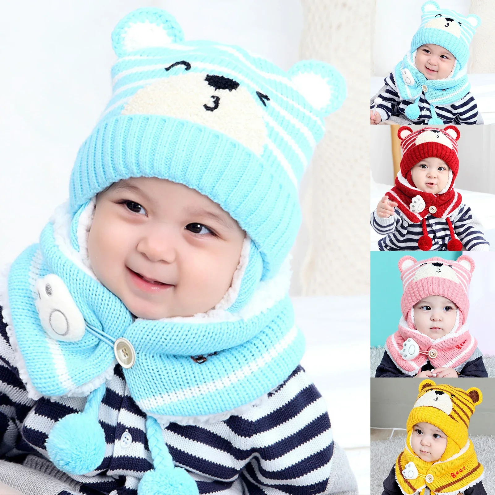 Winter Kids Baby Girls Boys Cartoon Bear Stripe Knit Hat Cap Woolen Yarn Scarf Earmuff Warm Keep Set for Outdoor  Caps