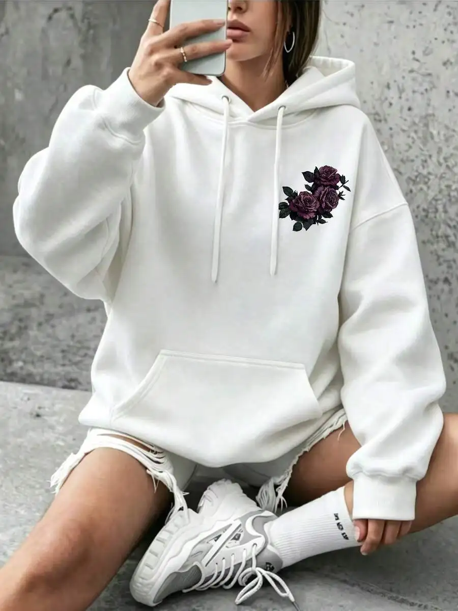 Women's Vintage Style Fleece Hoodie, Loose Fit Dark Purple Rose Frame Graphic Print Pullover Hoodie, Fall Clothes For Women, Kangaroo Pocket Design.