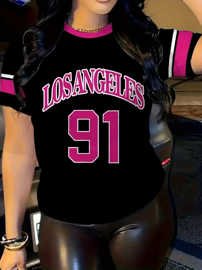 

Модный повседневный женский спортивный трикотаж Лос-Анджелес No 91, футболка с короткими рукавами и принтом, летняя футболка с рисунком, спортивная футболка больших размеров