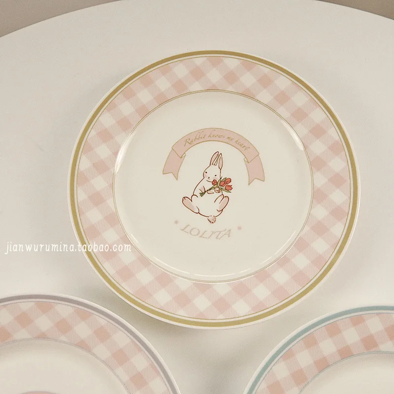 

Ins Style New Pink Plaid Ceramic Plate Lovely Girl Heart Rabbit Dessert Plate Western Food Dessert Breakfast Plate