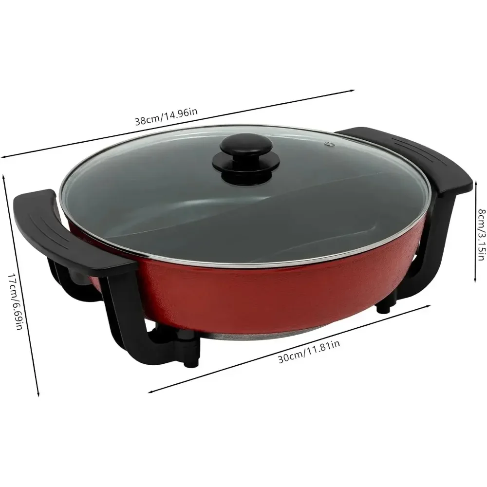 Olla caliente eléctrica de 1360W, olla caliente eléctrica Yin-Yang de 6L, olla china de doble compartimento de 30cm, 5 configuraciones de temperatura, con tapa de vidrio