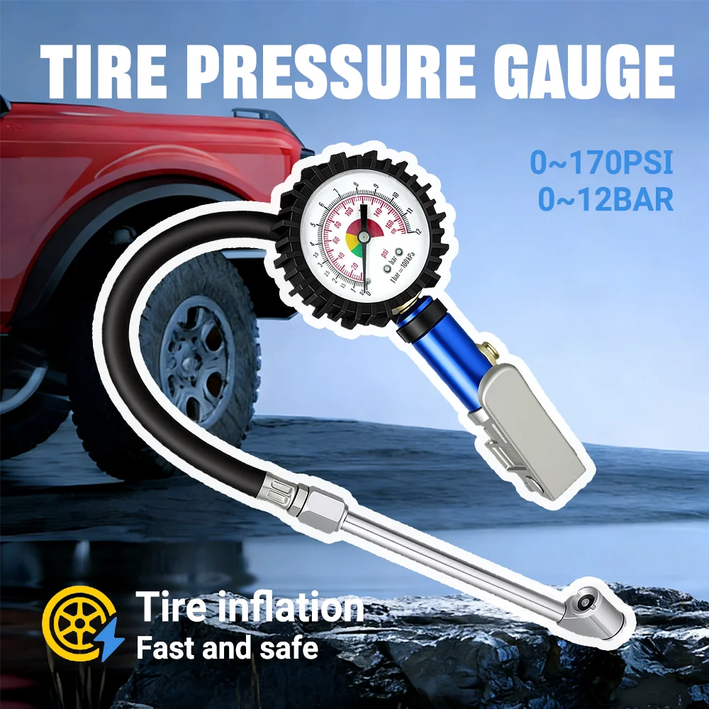 170Psi High Precision Tire Pressure Gauge Inflator Gun 12 Bar With Long Hose Quick Air Connector For Car Motorcycle Truck