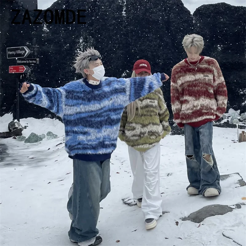 ZAZOMDE New Striped American Style Street Knitted Sweaters Top For Men Women Trendy Casual Couple Knitwear Sweater Clothing Men