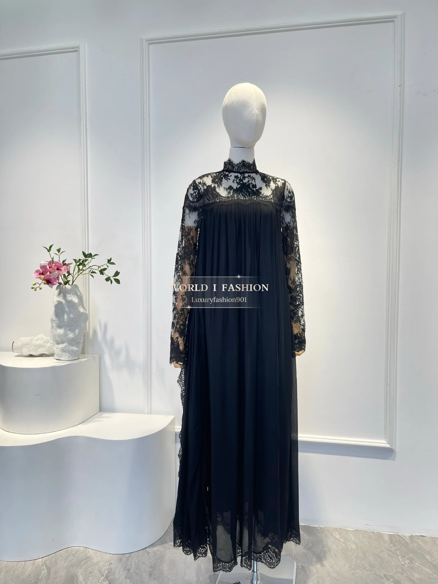 

Women's Elegant Long Dress High Quality Casual Pure Black Long Sleeve Lace Print Hollow Half High Collar Neck Zipper Midi Dress