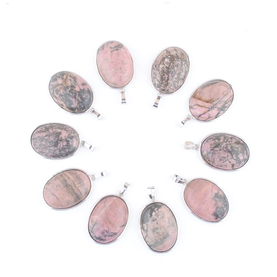 New Fashion Natural Oval Rhodonite Stone Pendant Amulet Reiki Chakra Charm Women Exquisite Party Jewelry Wholesale 10Pcs AN4615