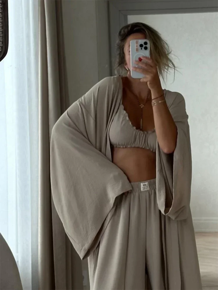 

Sexy Spilt Long Pants Three-piece Set Women Casual Solid Long-sleeved Cardigan Sling Top Sets 2026 New Lady Daily Street Outfit