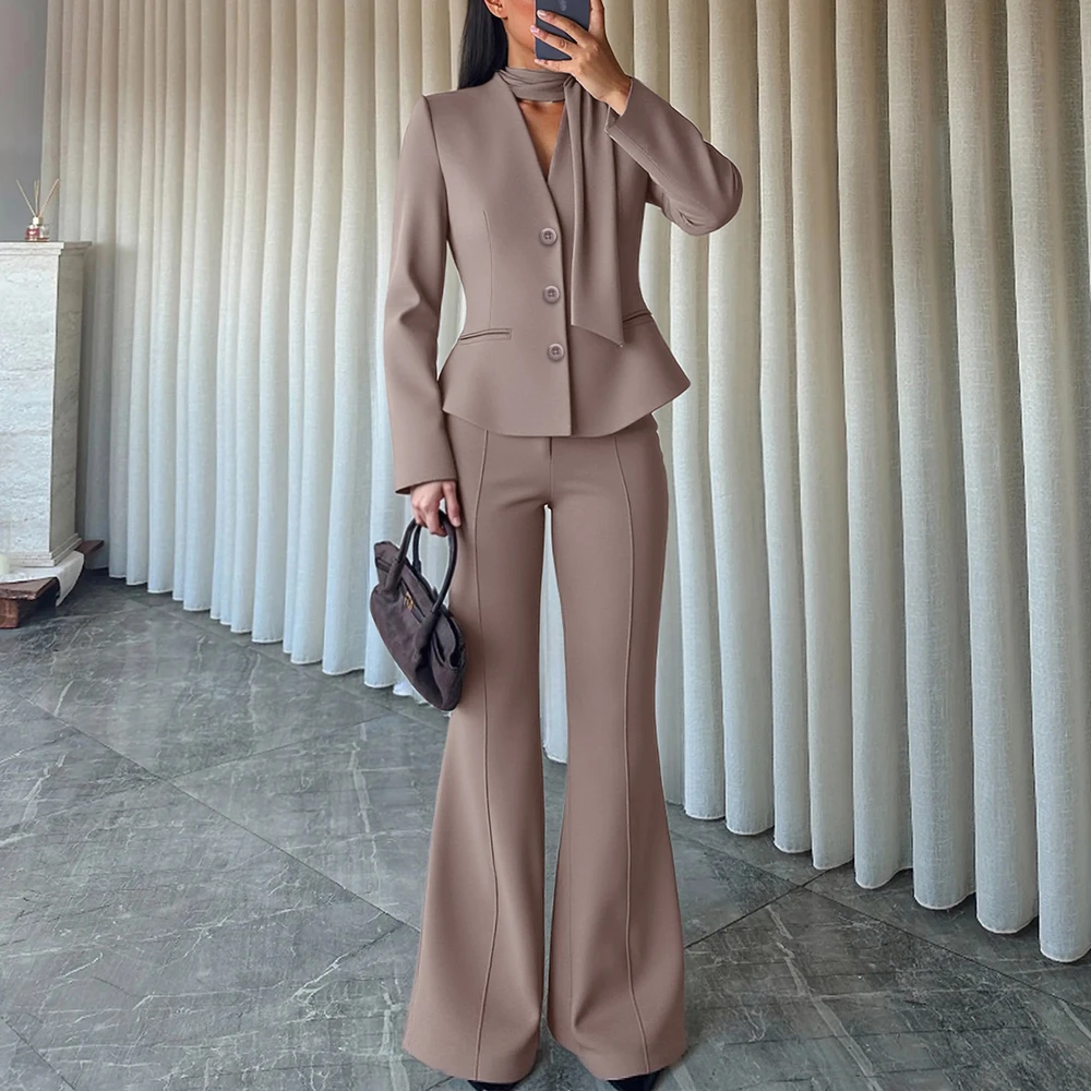 

Бутик осенних комплектов Mia Muse, 2025 г., женские приличные однотонные пиджаки с длинными рукавами и v-образным вырезом, расклешенные брюки с высокой талией, офисные женские комплекты