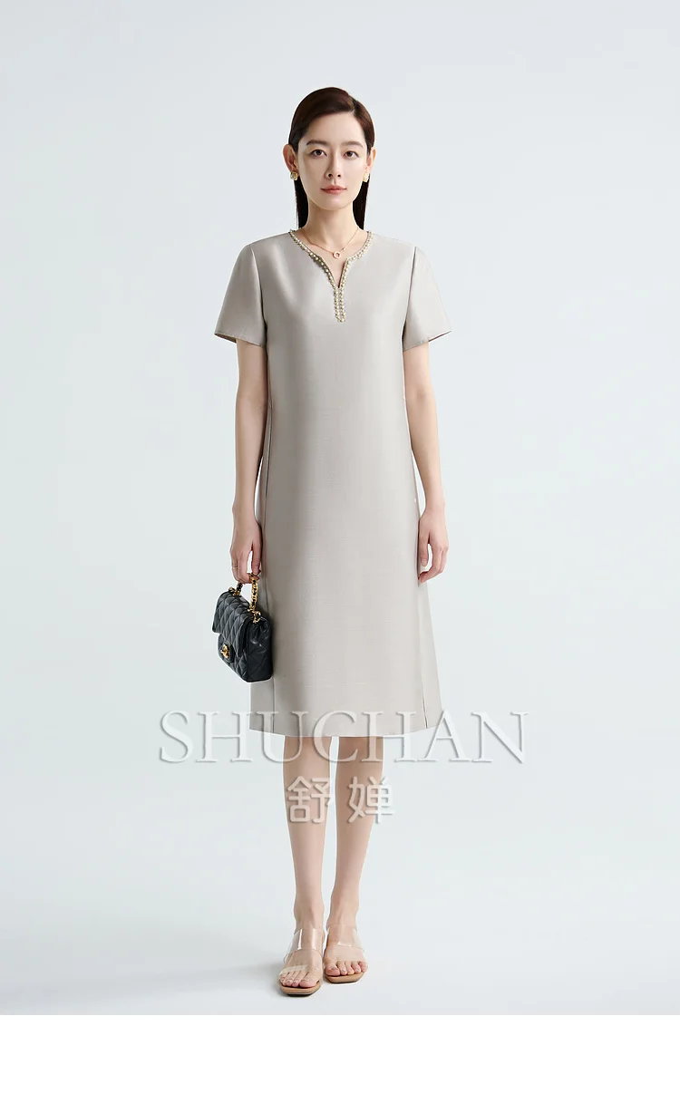 Grado de lujo 32 Mmi lana de seda industria pesada cuentas vestido de manga corta mujeres Vestidos femeninos Frete gratis