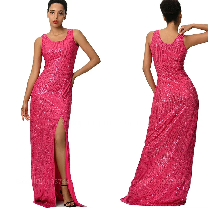 2024 Sequined Rose Red Mermaid Evening Dresses For Women Party Sexy Spaghetti Strap Backless Long Split Formal Prom Party Gown