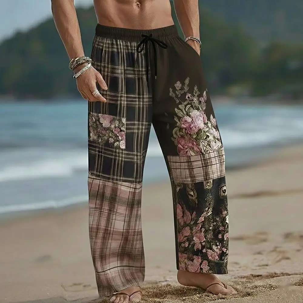 Men's Color Spliced Floral Print Wide Leg Pants Casual Mid Waist Bohemian Retro Style Outdoor Vacation Elastic Drawstring