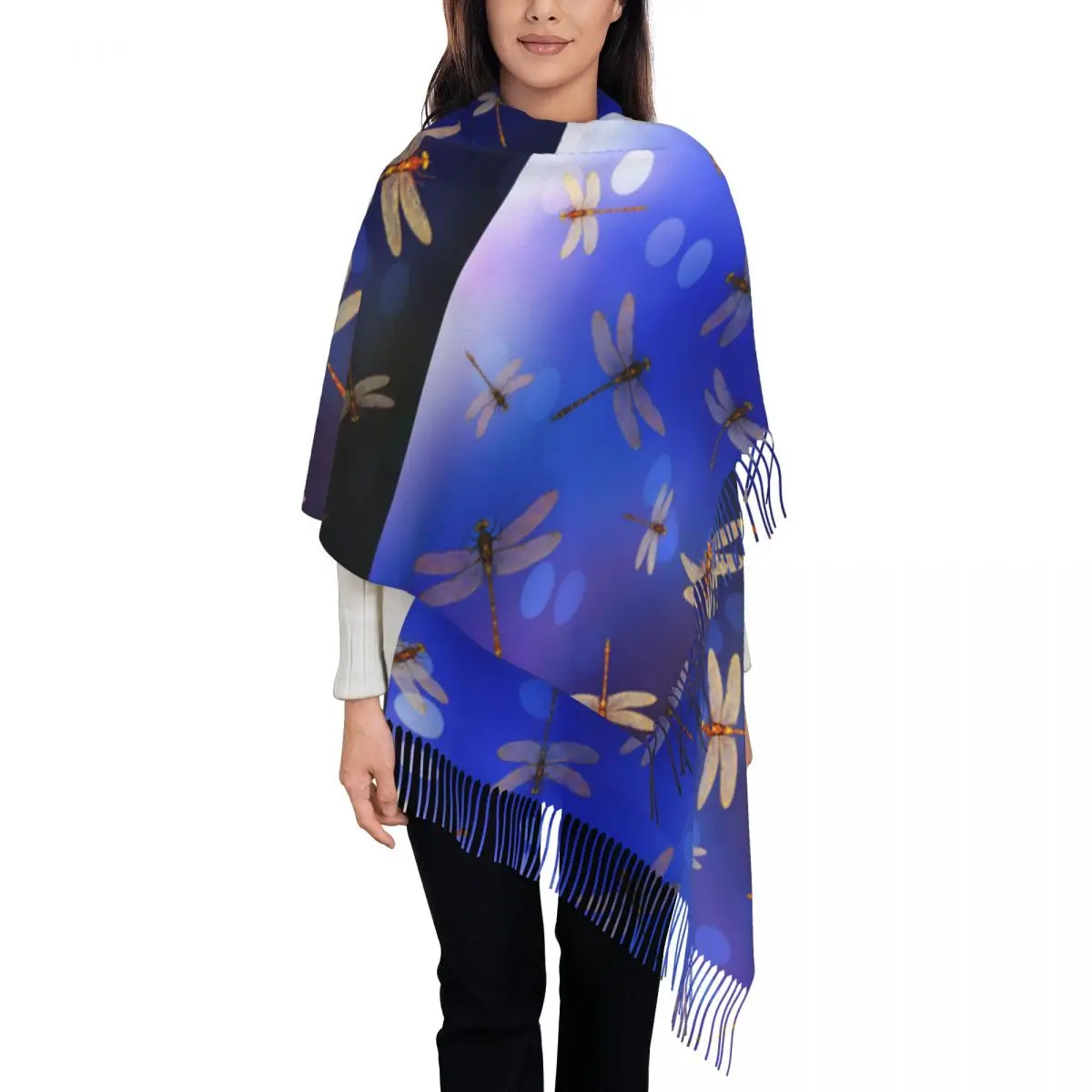 

Blue Dragonfly Scarf with Long Tassel Gradient Print Warm Shawl Wrap Ladies Graphic Headwear Scarves Winter Casual Bufanda