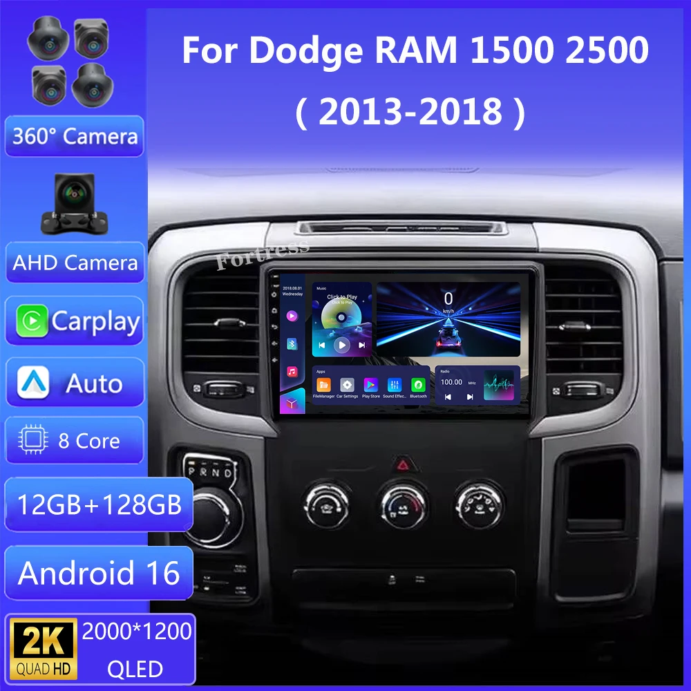 Android 16 inalámbrico Carplay Auto Radio de coche para Dodge Ram 1500 2500 3500 2013 - 2018 reproductor de vídeo Multimedia 4G WIFI 2DIN QLED BT 1