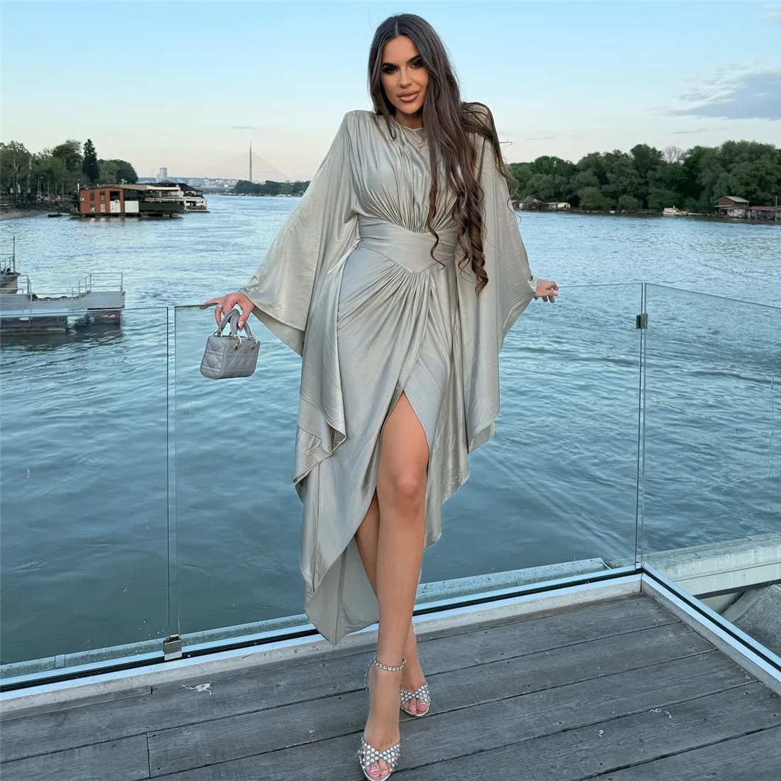 Unregelmäßiges, plissiertes Kleid mit Schlitz, Abend-Club-Kleider, 2025, Damen-Herbst, sexy, figurbetontes Maxikleid, Party, elegantes Abendkleid