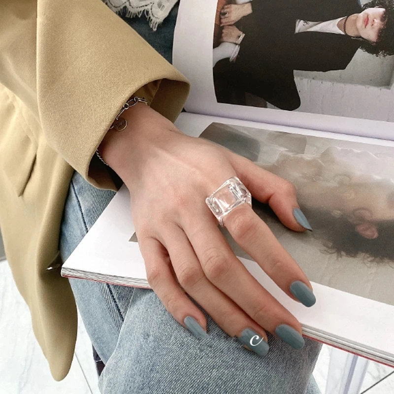 HUANQI 2020 New Korean Japan Transparent Acrylic irregular Ice Cube Resin Tortoise Rings for Women Girls Marble Pattern Ring