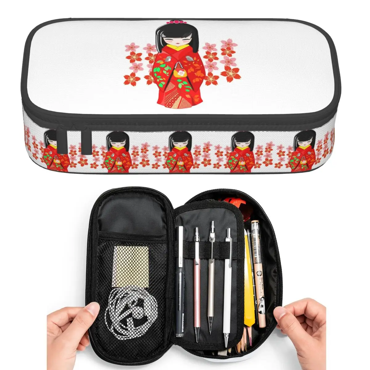 Sakura Japanese Girl Kokeshi Doll Pencil Cases for Student Pen Box Pencil Bag Large Capacity Pencil Pouch Pen Holder