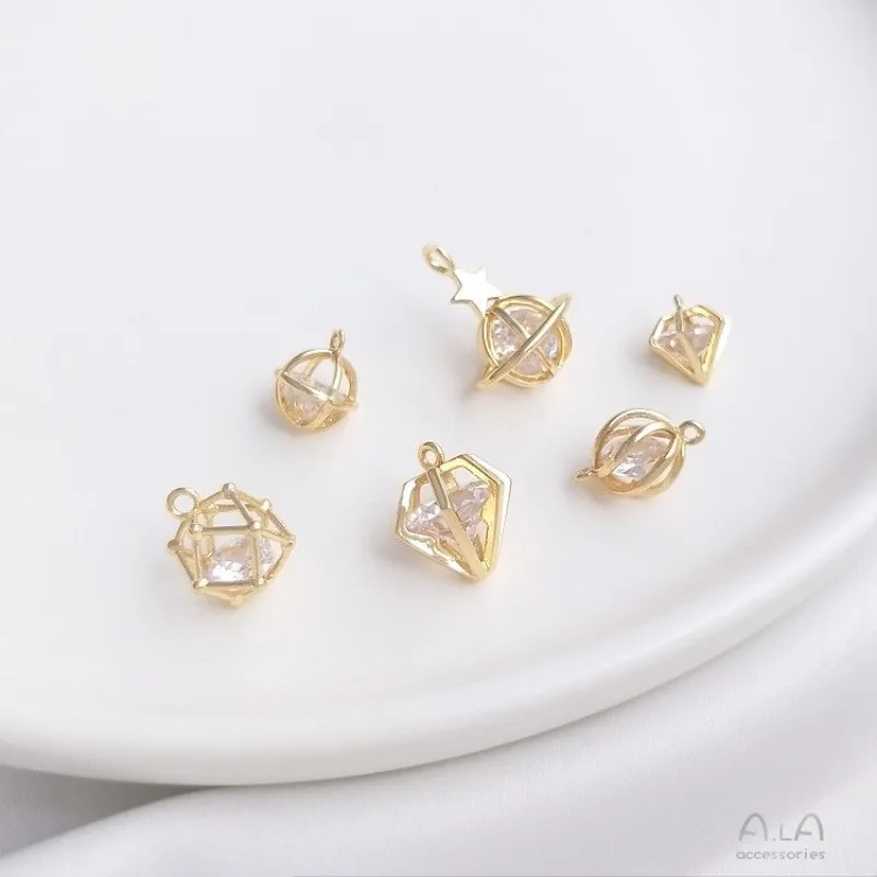 14K Gold Plated Zircon Planet & Rhombus Charms for DIY Earrings Bracelet Necklace Jewelry Making