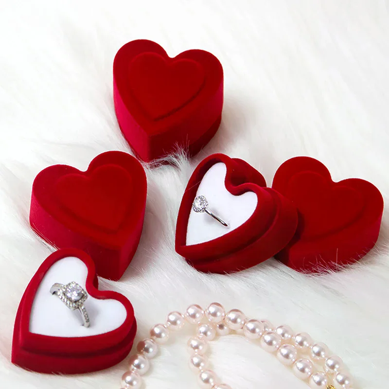 Heart Shaped Ring Box Velvet Jewelry Display Gift Storage Case Wedding Engagement Proposal Anniversary Boxes